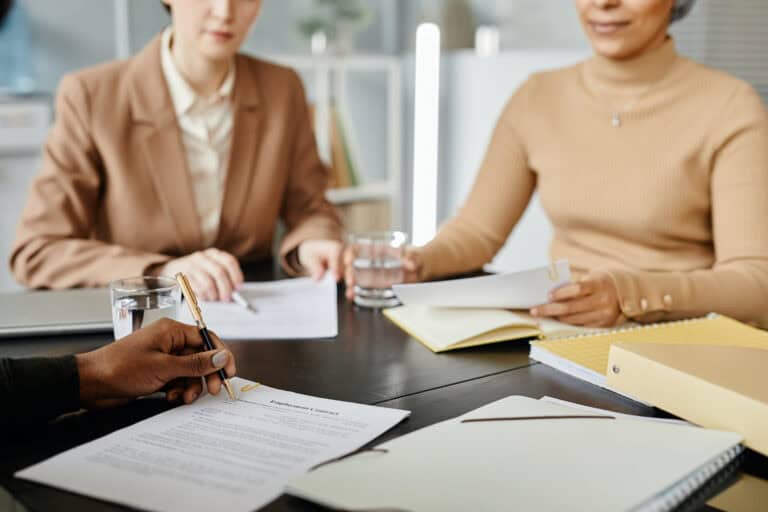 Close up of law office with contract on table